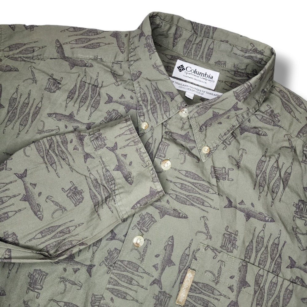 VTG Columbia‎ Mens L Green All Over Fish Print Bass Pocket Shirt Button Down